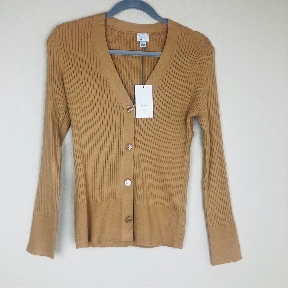 Camel color button ribbed sweater